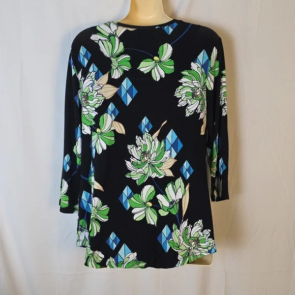 JM Collection Black and Blue Floral Blouse - Picture 3 of 5